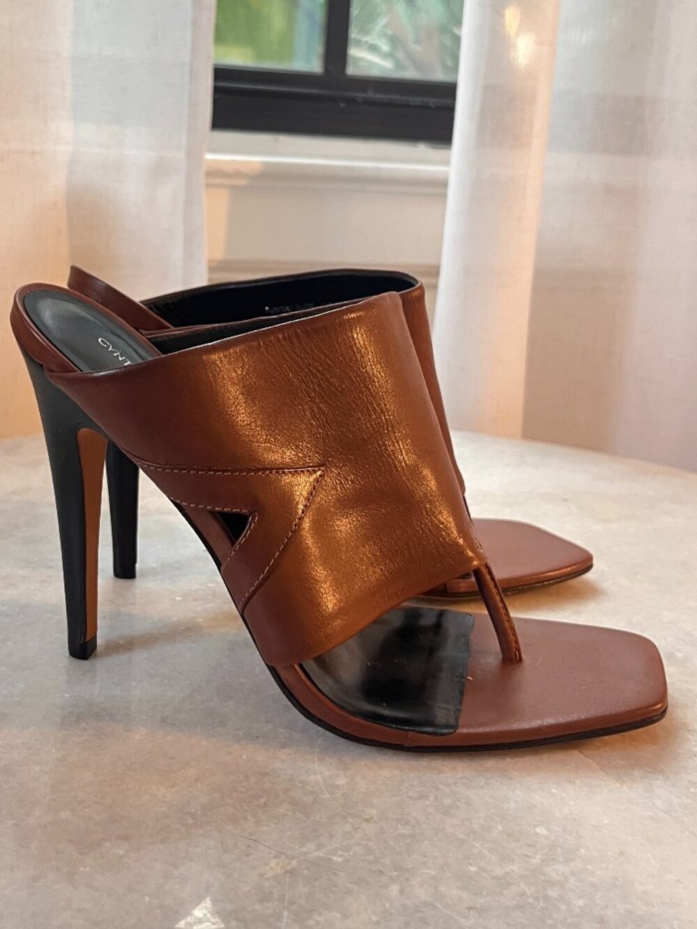 Cynthia Rowley Runway Slide Cognac Leather Stiletto Mule | 7.5